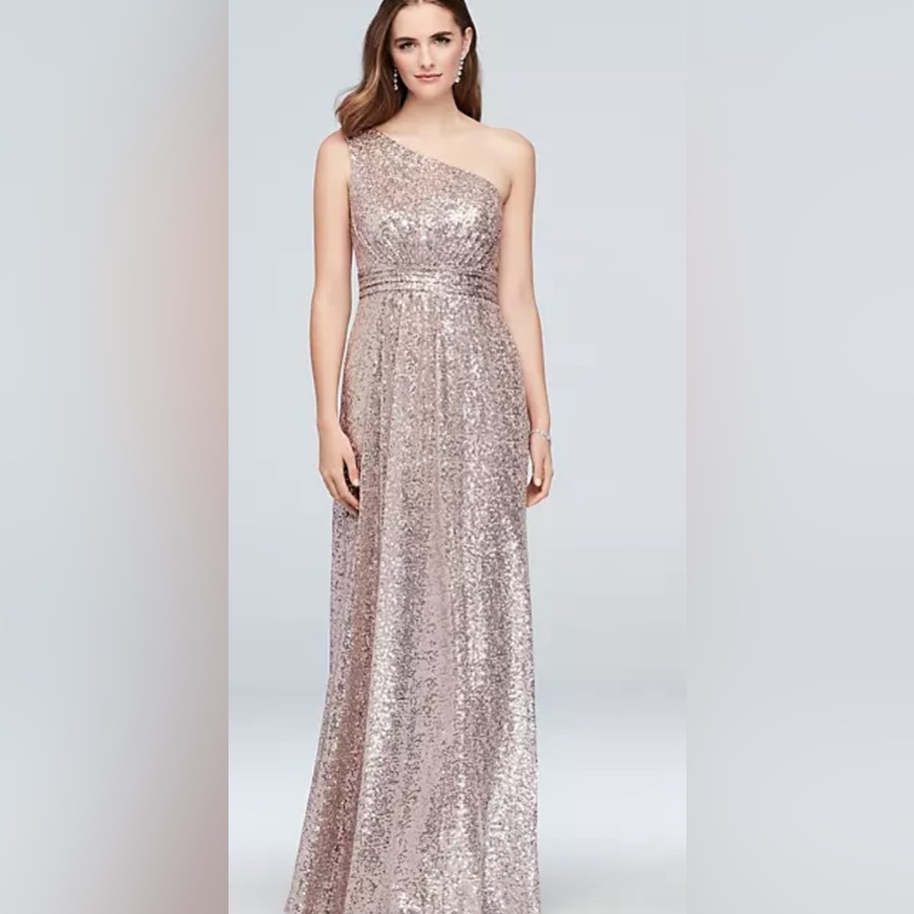 💙DAVID'S BRIDAL one-shoulder allover sequin bridesmaid dress, Platinum, Size 10